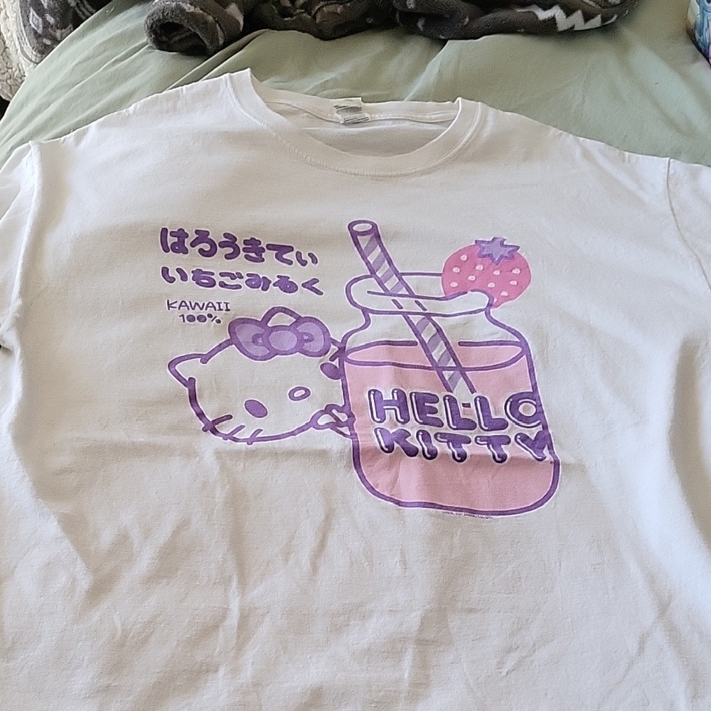 Hello Kitty White Tee with Purple and Pink Drink Graphic Size LARGE